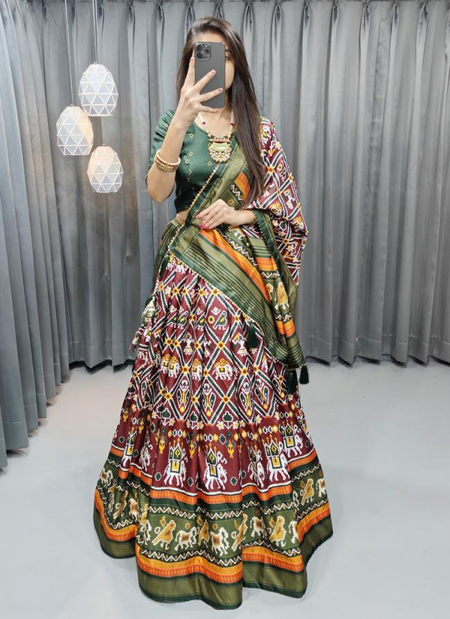 Tussar Silk Brown Festival Wear Printed Lehenga Choli